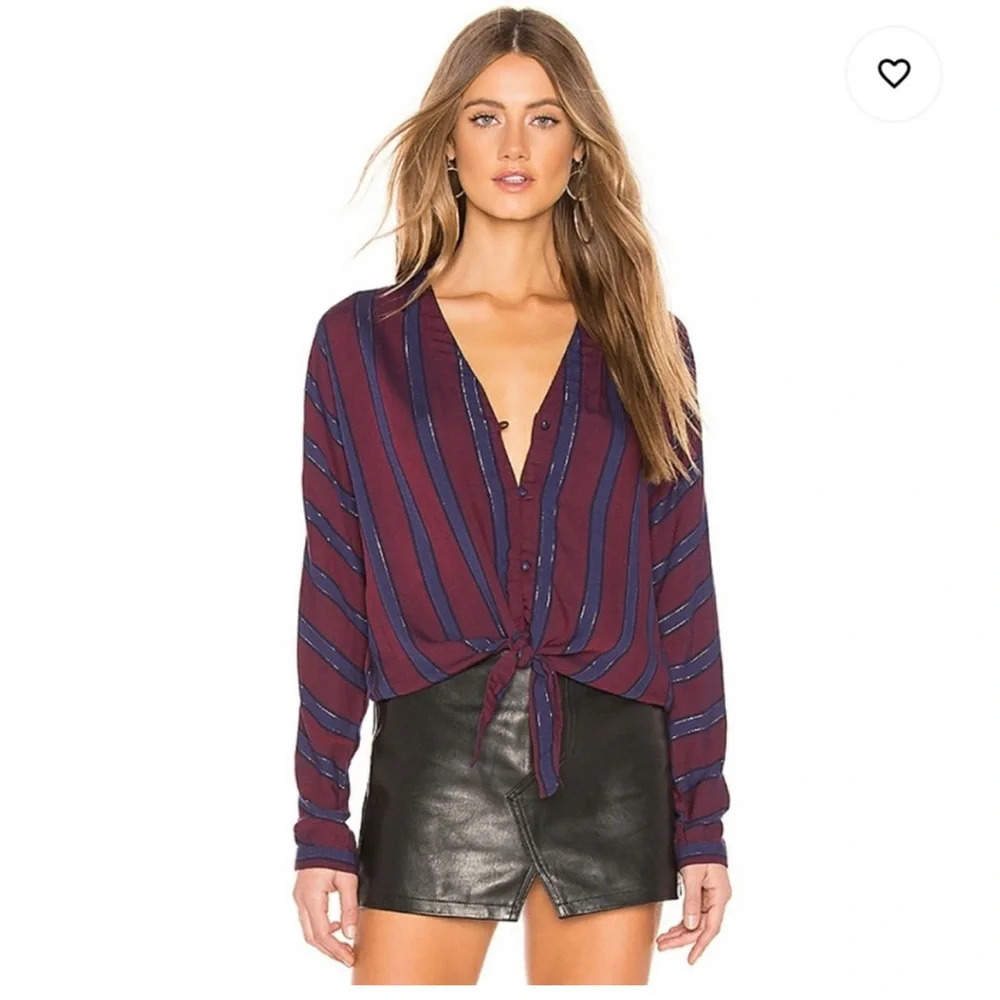 Rails Sloane Metallic Striped Long Sleeve Button up Tie Hem V Neck Blouse
